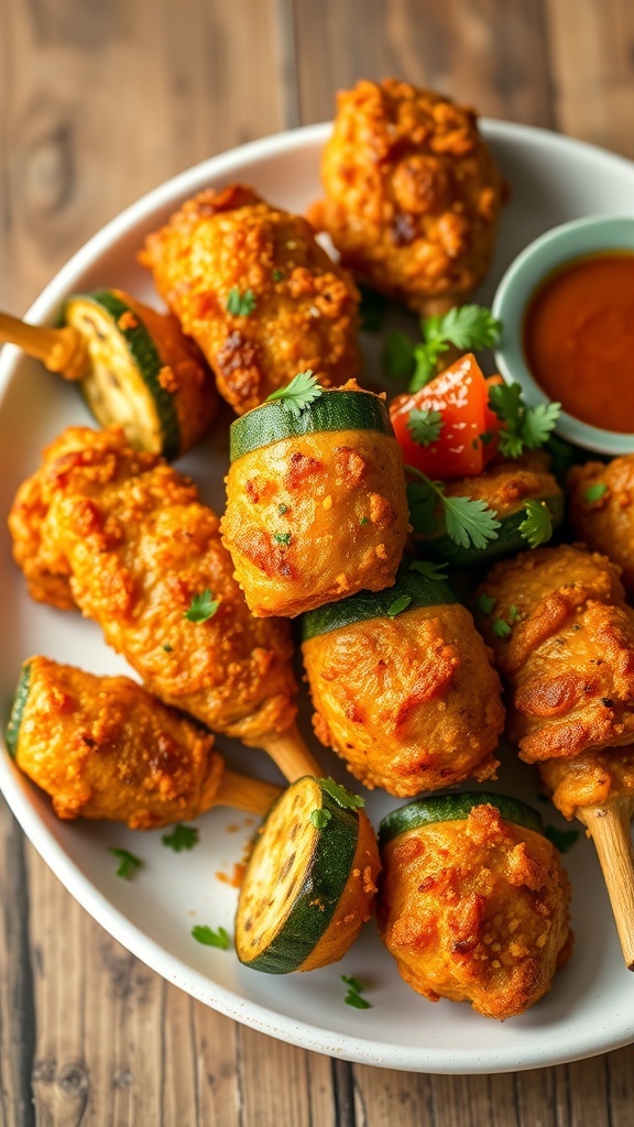 Crispy vegetable drumsticks made from zucchini, carrots, and bell peppers, served with dipping sauce.